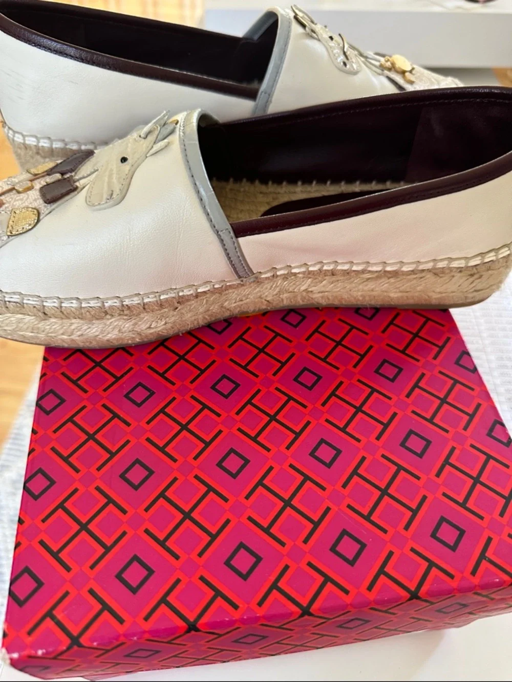 Tory Burch Cream Leather Espadrille Flats with Animal Appliqué